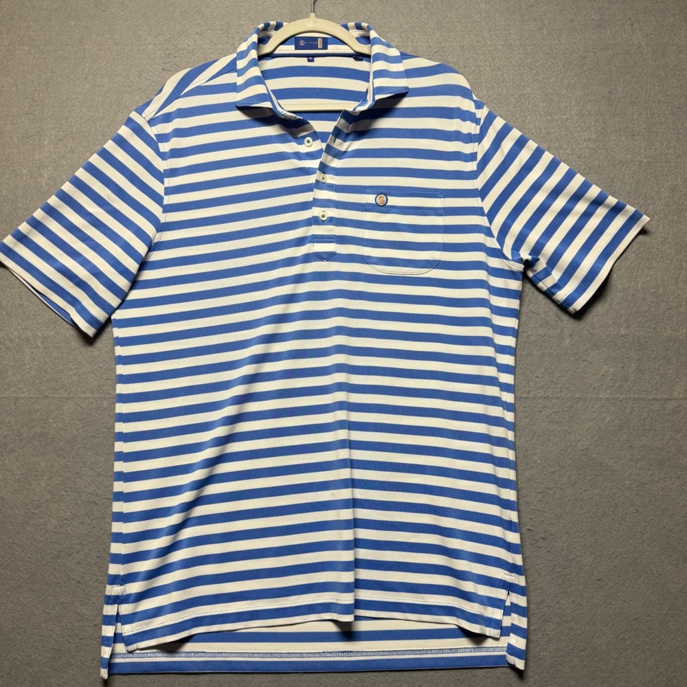 Stitch Golf Mens Blue White Striped Short Sleeve Pocket Polo Shirt Size Medium
